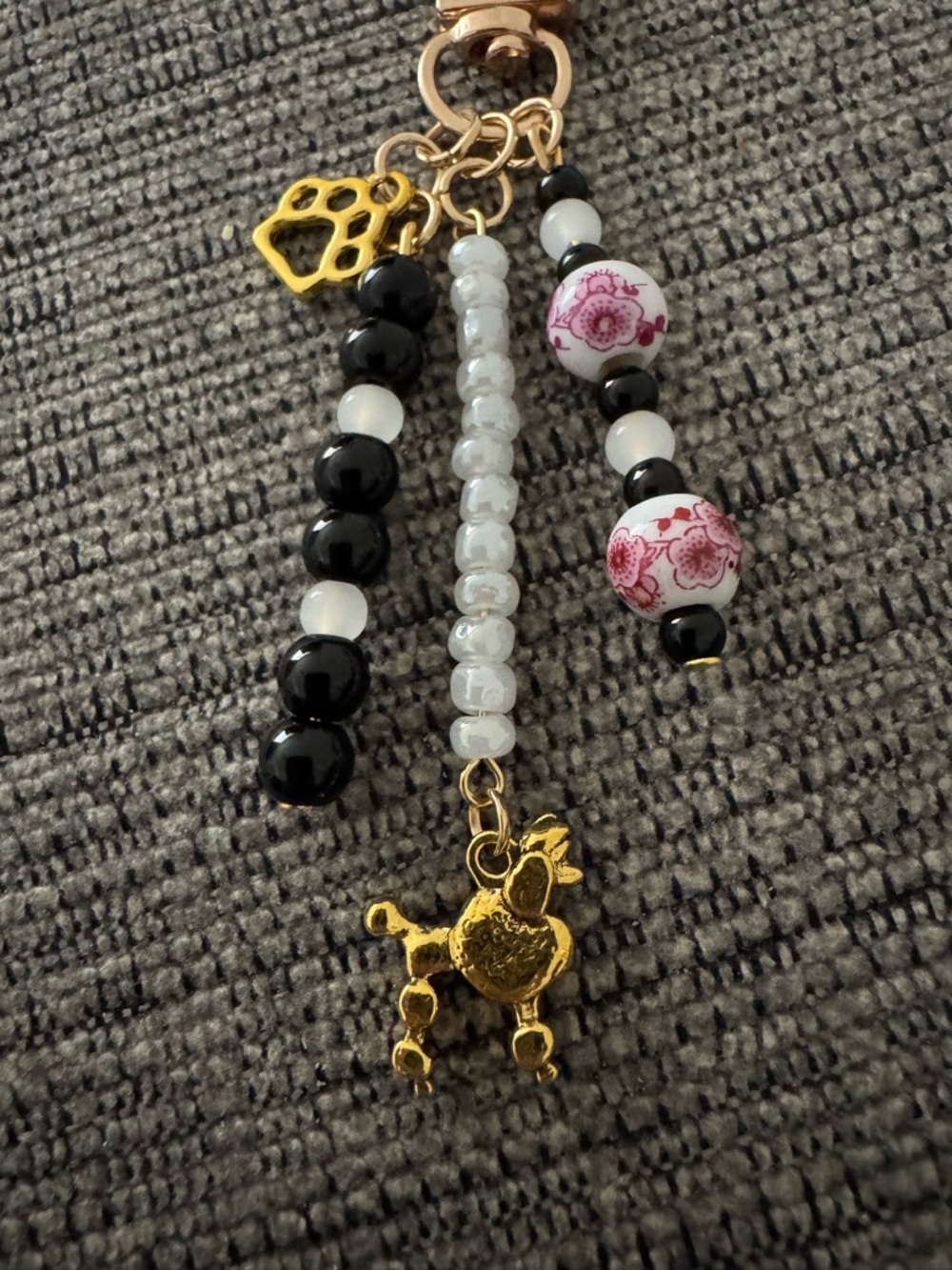 Poodle Handmade Beaded Bag Charm Keychain with Pink Floral Detail - Picture 5 of 5